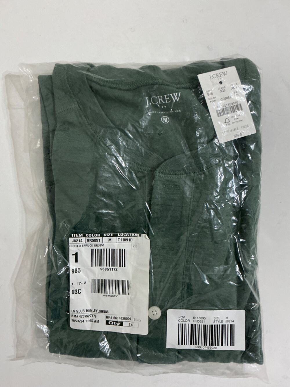 J.Crew Long Sleeve Slub Henley Shirt Men's M Dusted Spruce Green NWT J8214